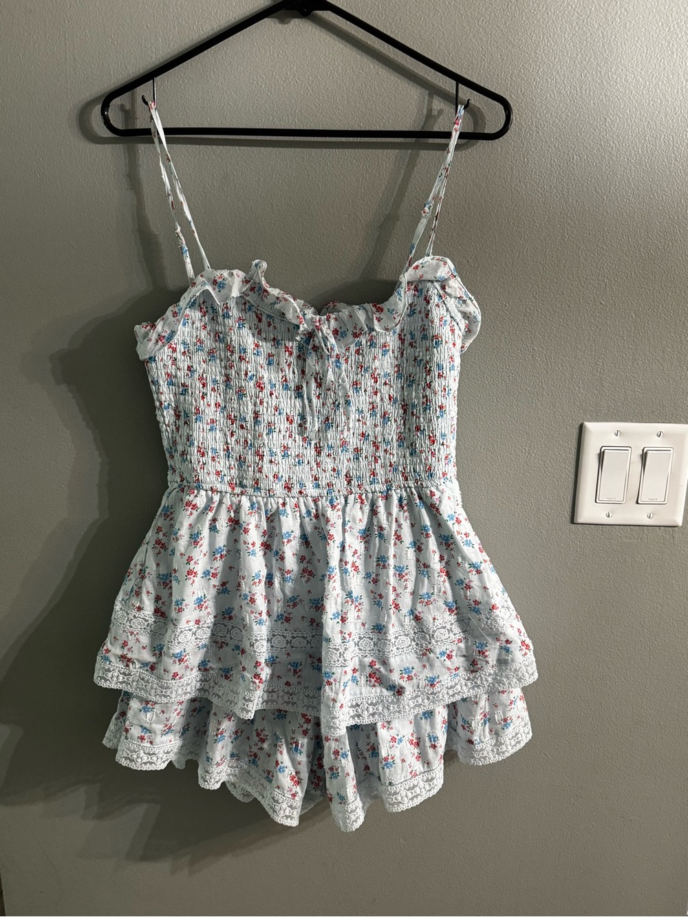 Altar'd State White Floral Smocked Tiered Romper with Pink & Blue Flowers